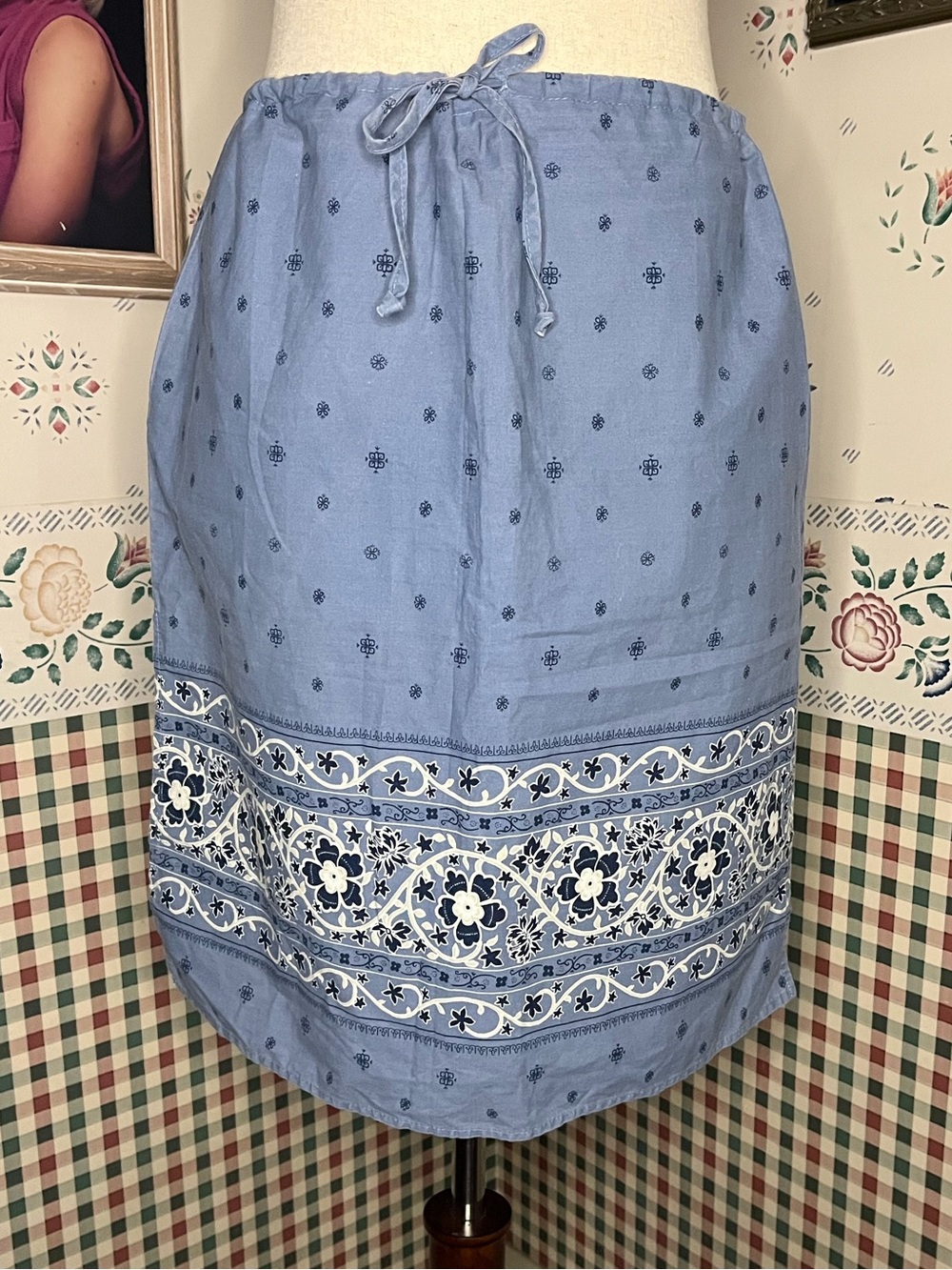 90s Y2K Blue Floral Border Drawstring Skirt